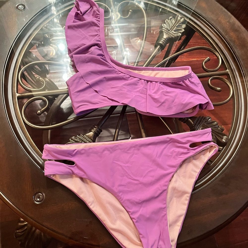 Gianni Bini Purple Ruffle One-Shoulder Bikini Set